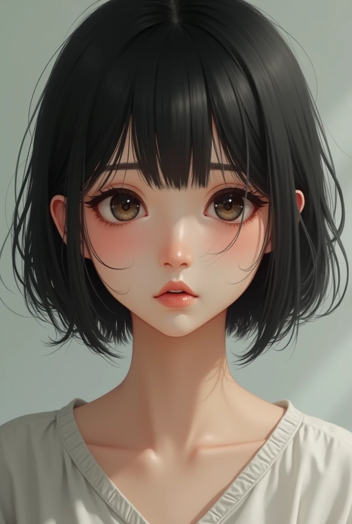 Give me a realistic picture of a black-haired girl with short shoulder-length hair, 21 years old with slanted and tired eyes, round face, 1.54m, round nose, cheeks, slim 