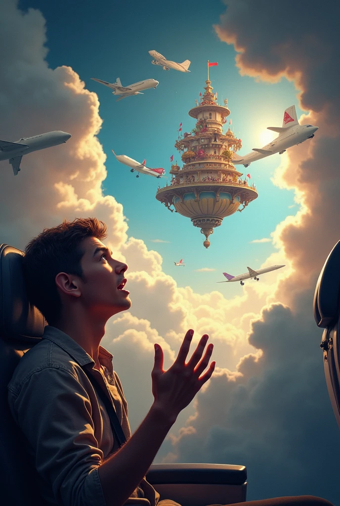 a man young shocked show with hand in an airplane, shocked to see a tea cup castle floating on a cloud, ultra detailed digital painting, cinematic lighting, dramatic clouds, highly detailed, intricate architecture, volumetric lighting, vibrant colors, photorealistic, epic fantasy scene, dramatic atmosphere, cinematic composition