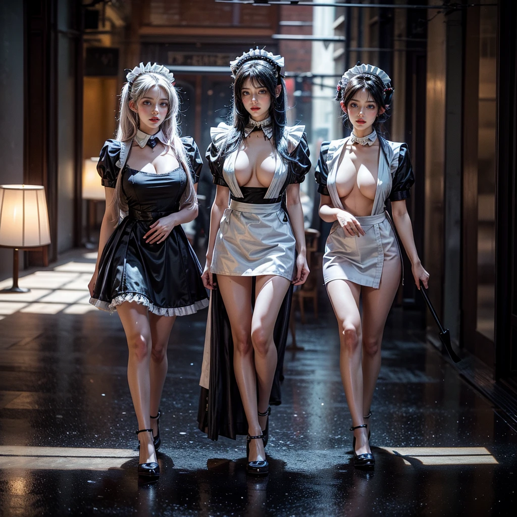 (Full Body of Extremely Detailed((Sexy Maid Group in a row:1.37))), KAWAII perfect face, Reflective Eyes, Detailed(Delicate Clothing textures), Correct Leg Line, Dynamic Joyful Expressions LifeLike Rendering, Specular Reflection, TopQuality 8K Ultra-detailed masterpiece (ProfessionalPhoto:1.37), (Acutance:0.8), (Luminism:1.28), Renaissance art style, Colorful Light particles, ((Full body from side)), {MicroMini Skirt|Kissing|Breast Lifting|Undressing|Thigh Gap|AssFocus|(NakedApron with Overflowing SideBoob)}, Radiant Fine Skin with Transparency, (Exposed:0.33), (Different types of Anime hair color){Pink Hair|Blue Hair|Platinum Blonde|Pure White Hair|Liquid Hair}, Perfect Lighting