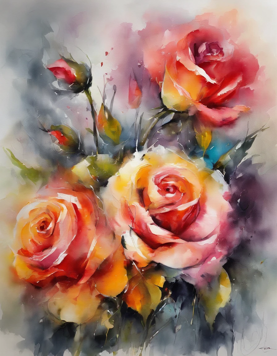 ((materpiece)), ((best quality)), ((high-res)), ((Ink wash)), ((artist)), ((extremly details)), beautiful rose flowers, neon colors