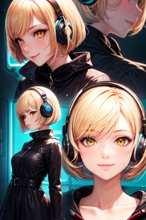 ((best quality)), ((masterpiece)), ((detailed)), 1girl, Beautiful anime woman, blond hair, bob haircut, rebellious yellow eyes, dark dress with red details, headphones, face down, smiling subtly, neon lights. artistic style
