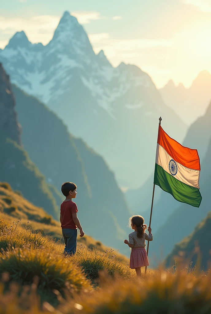 Twoo a small children and the background is mountain and one Indian flag, morning view , realistic photography