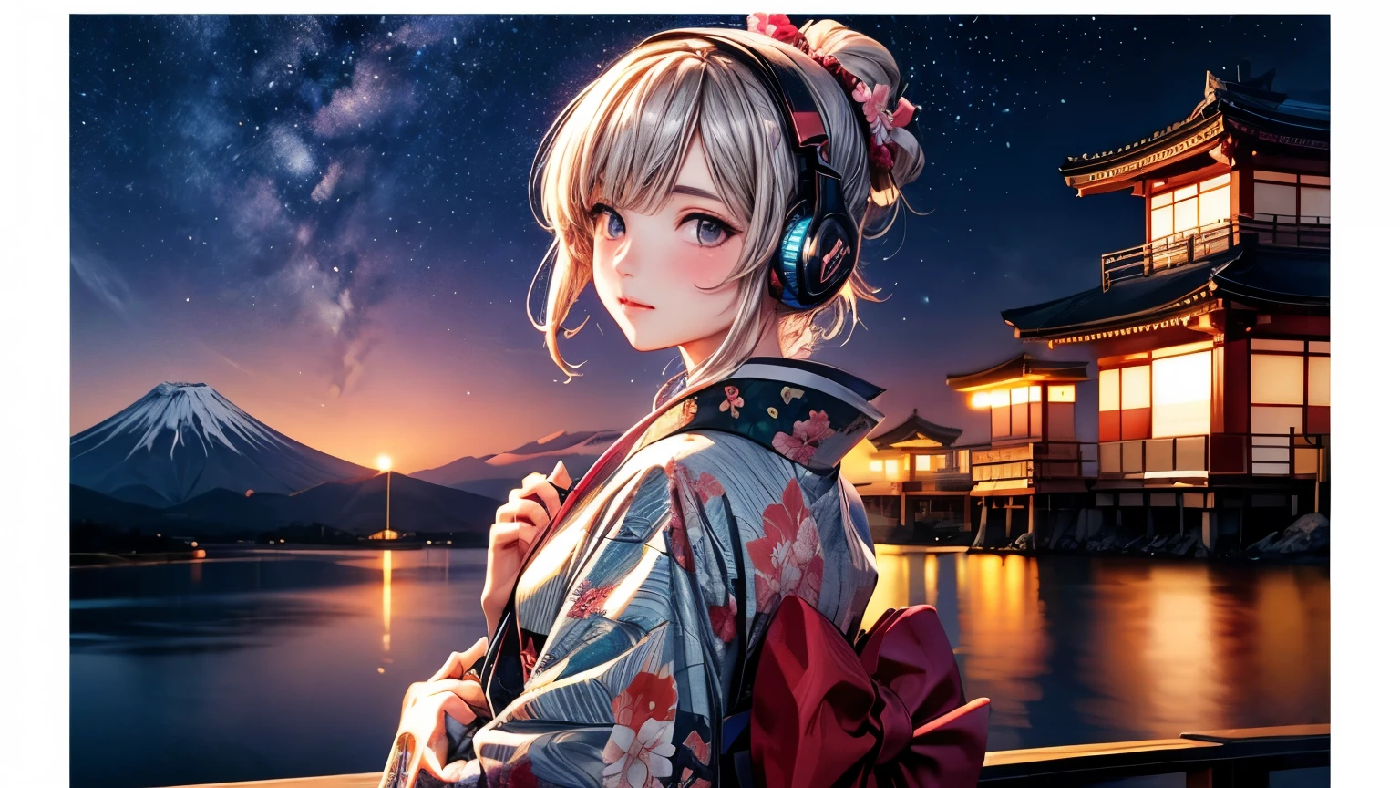 1 beautiful girl, kimono, Mt Fuji and sakura background, at lakeside, (headphones, wearing headphones), Ukiyo-e style, Starry Sky,