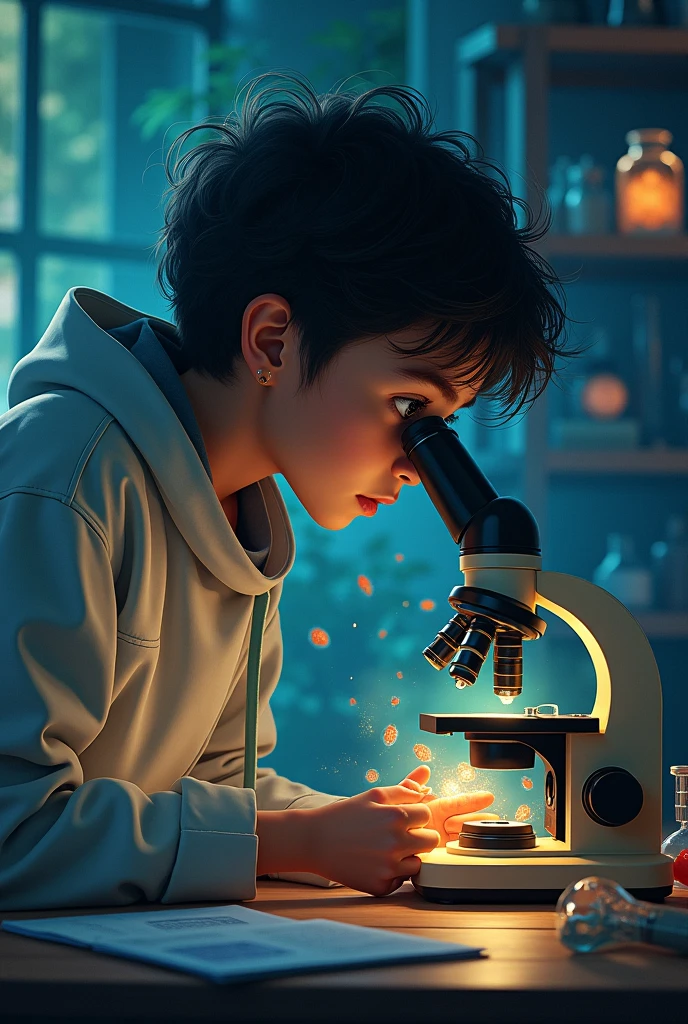 A teenager discovering protists under a microscope 