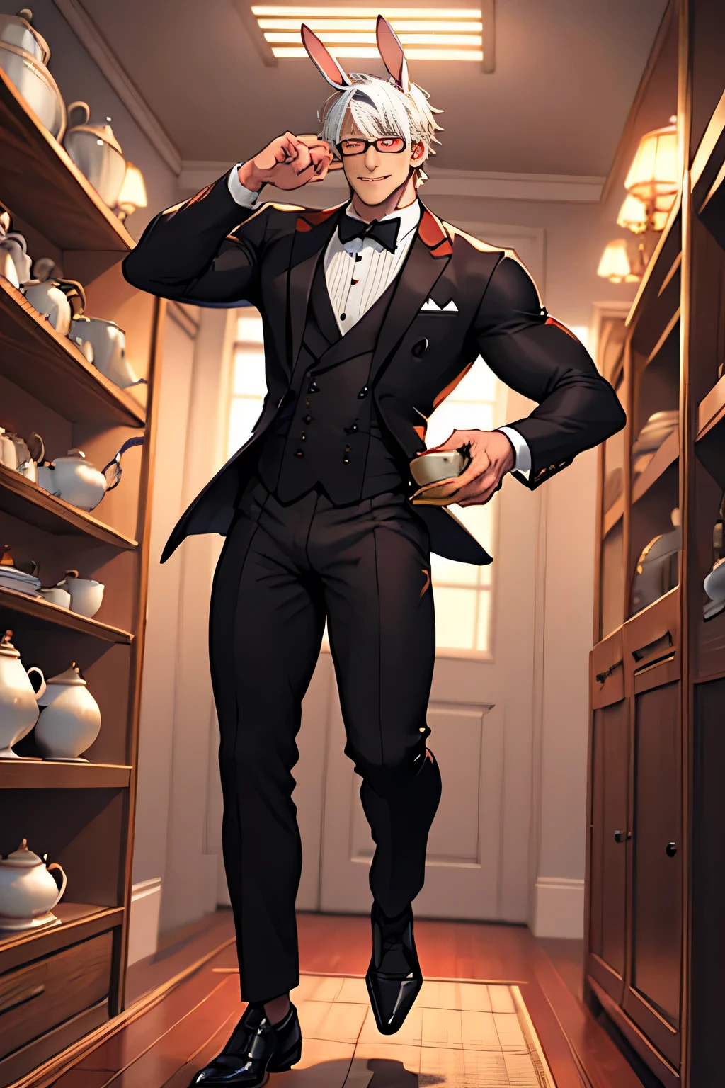 white hair with bangs rabbit ears butler man with glasses bara with tea pot smirking red eyes handsome muscles full body in air jumping wink