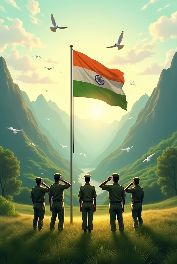 Indian Army saluting to the Indian Flag for the Independence day and the background should be around greenery mountains near the grass field and add some white beautiful birds flying through the flag and passing through valley middle of mountains and the and the sunrays gaze on the Indian flag