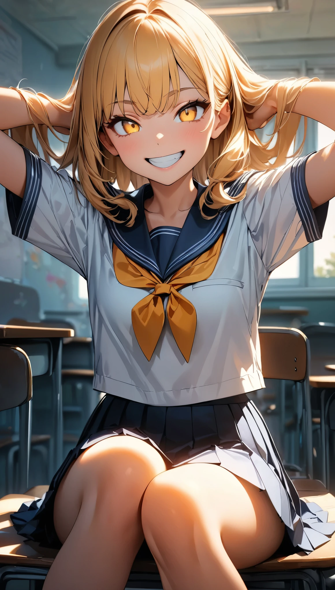 (Highest quality:1.2, Very detailed, up to date, Vibrant, Ultra-high resolution, High Contrast, masterpiece:1.2, Highest quality, Best aesthetics), (((1 person))), Golden Hair Girl, pale golden eyes, crazy smile, Sailor suit, Pleated skirt, Hands behind the head, please sit down, Strike a Pose, photo shoot, School classroom, Sharp focus, Gazing Eyes, Beautiful Skin, Glowing Skin, Perfect Fingers, Five Fingers, Anatomically correct, Background Blur.
