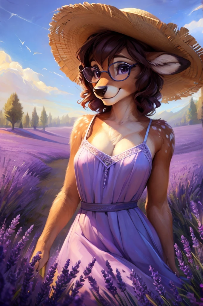 uploaded on e621, artstation, by Pixelsketcher, by Bayard Wu, by Thomas Benjamin Kennington , by Einshelm, by hioshiru and kenket, Chunie, portrait, solo anthro female deer doe, with small featureless breasts, clear dark blue, cinematic lighting, day, sunny day, lavender field, stays in a lavender field, lavender field background, mediterranean background, horizon background, shiny, short curly dark brown hair, wears big black nerd glasses, very very beautiful furry art, furry art, smiling, joyful, shiny, happy, feminine, cute face, muzzle, fluffy chest, flawless face, Fallow deer, 1girl, Sakimichan is beautiful, Masterpiece, Wavethesallow Face, shiny, Detailed image, portrait, Detailed image, portrait, full body, wearing pure white and wide spaghetti straps summer dress, wearing beige summer straw hat, shiny, realistic face, perfect anatomy, hourglass body, (furry body:1.1), anthropomorphic deer, looks at the viewer, small fluffy tail, detailed background, (cute anatomy:1.1), walks in a lavender field, a few cypress trees in the background, few lavender flowers in hair
