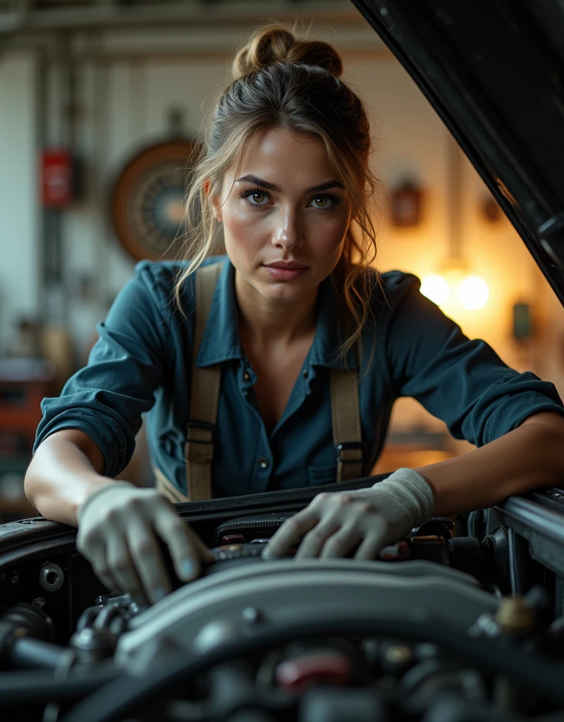 high quality, 8k, photorealistic, 1girl, female car mechanic, transparent white shirt, detailed facial features, beautiful eyes, long eyelashes, glossy lips, grease on face, working on car engine, detailed machinery, industrial setting, warm lighting, depth of field, cinematic composition