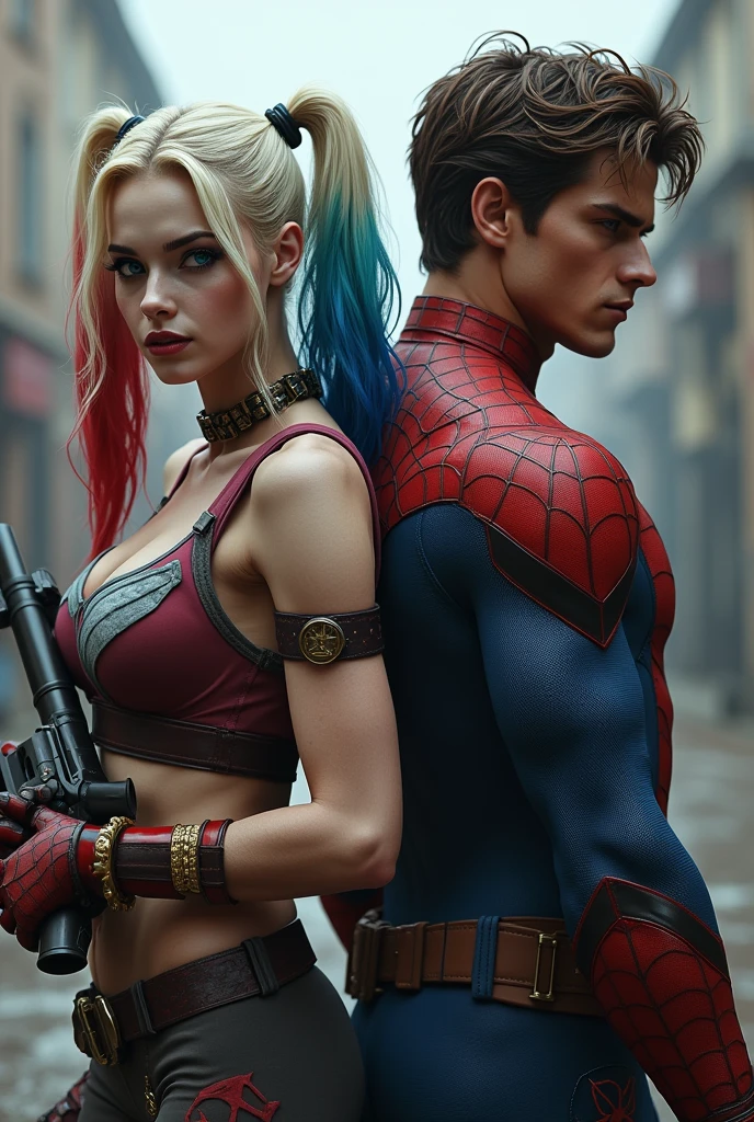 a detailed realistic M_SHOT of HARLEY QUINN AND SPIDERMAN standing back to back warrior, holding a shotgun--- cinematic=canon 5d, ultra skin intricate clothes accurate hands, BLUE eyes, perfect eyes, best quality, extremely sharp focus face, analog fine film grain, post-apocalyptic, cinematic, realistic, trending art station, helicopter, flag of israel. focus, studio photo, details, highly Rutkowski, intricate, busy, raw, 64k, isometric, digital smog, 3d render, octane volumetry--,{{{ UHD detailed eyes}}} and lips,beautiful detailed face,long eyelashes,smooth skin,natural body shape--hyper realistic fur:1.3), (detailed fur:1.2), (fur covered body:1.2), (male:1), (canine features:0.5), (expressive face, detailed face:1.3), (realistic:1.3), (photorealistic, photo-realistic:1.2), full color, (3d:2), (highly detailed:1.2), masterpiece, 64k.