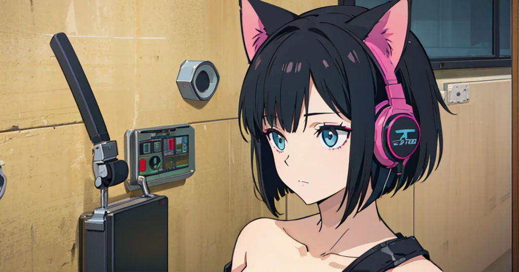 Shortcuts, Black Hair, Bob Hair, Large Breasts, Cat ear headphones, Character portrait, Decorative art, Full body of one person,