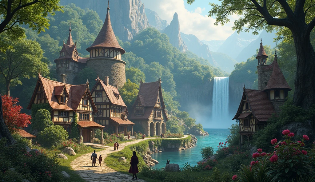 there is a painting of a town with a waterfall in the background, medeival fantasy town, village in the woods, fantasy town setting, magical village, fantasy town, a bustling magical town, quaint village, fairy tale place, epic rivendell fantasy, villages , unreal engine, fantasy matte painting,cute, medieval village, magical environment