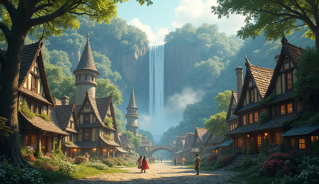 there is a painting of a town with a waterfall in the background, medeival fantasy town, village in the woods, fantasy town setting, magical village, fantasy town, a bustling magical town, quaint village, fairy tale place, epic rivendell fantasy, villages , unreal engine, fantasy matte painting,cute, medieval village, magical environment