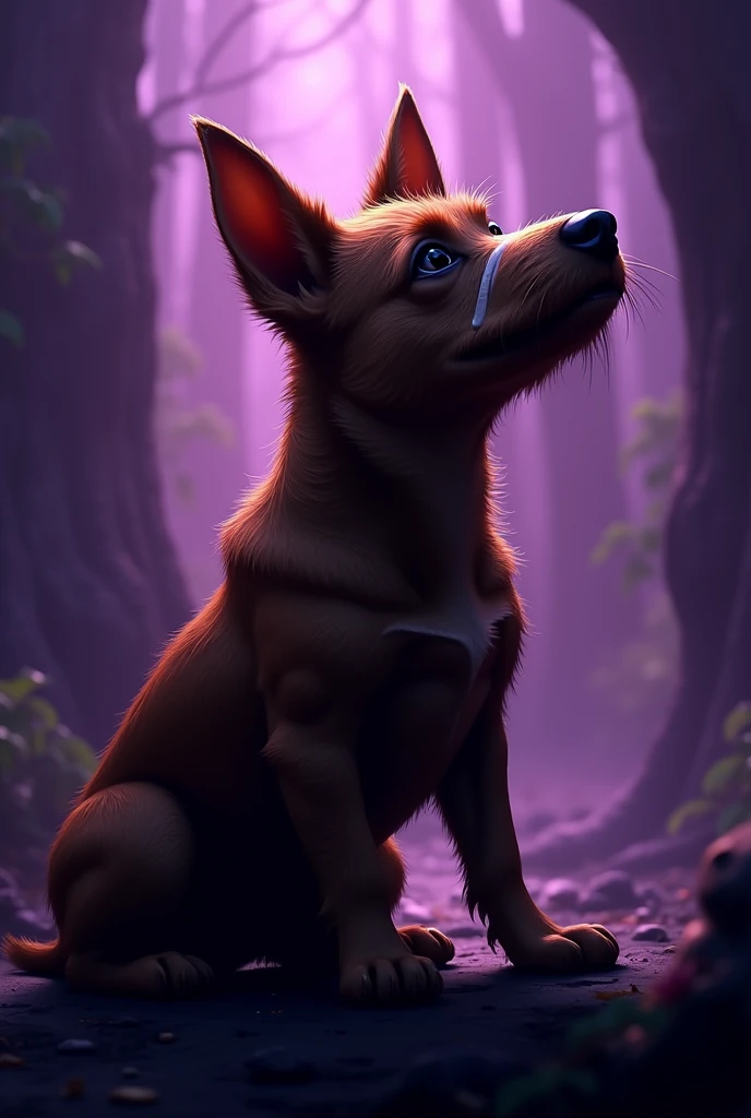 Breed: Russian Brown Toy Terrier、A dog with a scar on its face、and a bandage on its nose、is silhouetted against a purple-lit background、Looking up。