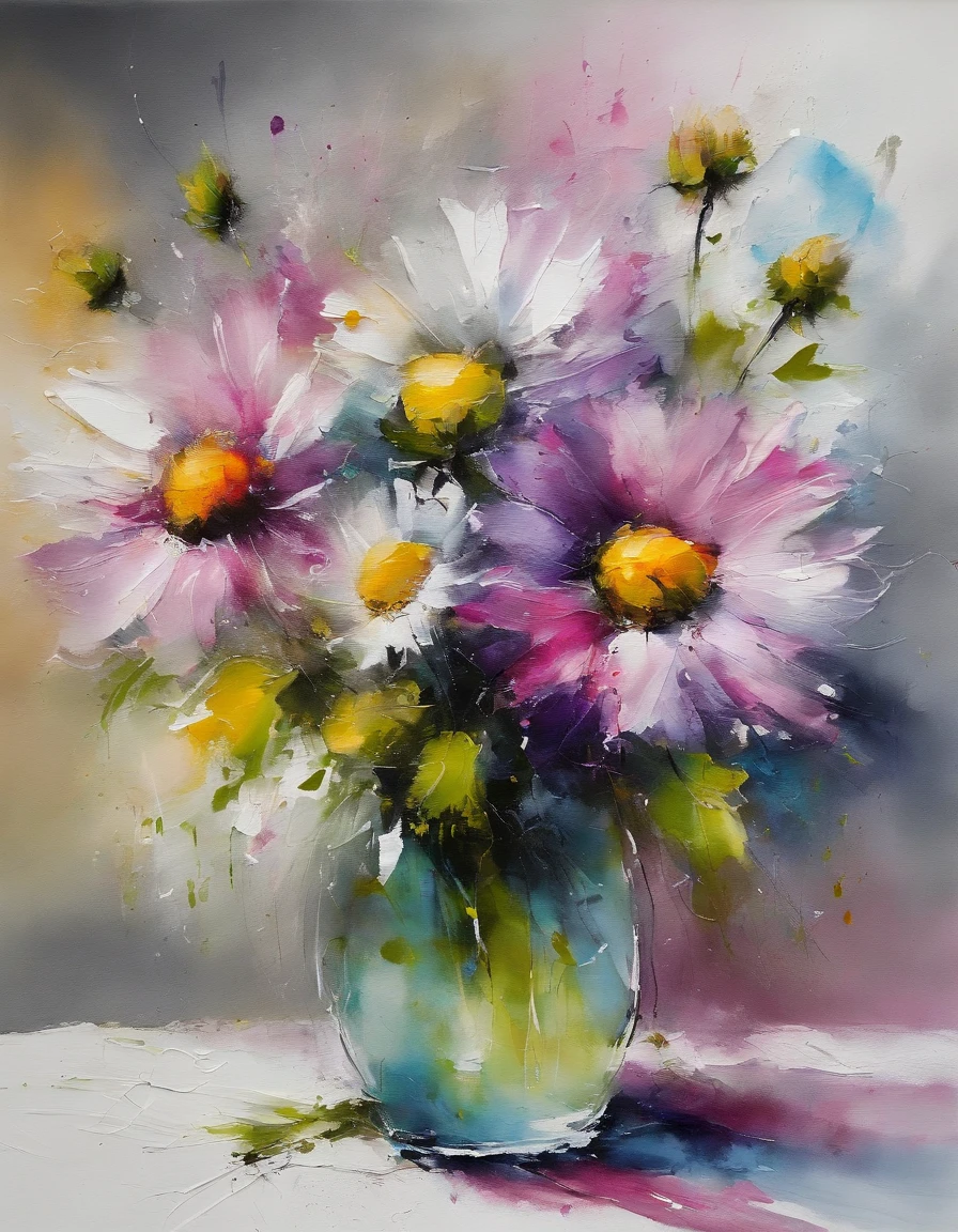 ((materpiece)), ((best quality)), ((high-res)), ((Ink wash)), ((artist)), ((extremly details)), beautiful daisy flowers, neon colors