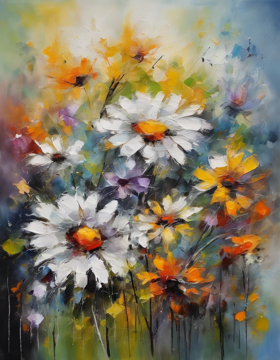 ((materpiece)), ((best quality)), ((high-res)), ((Ink wash)), ((artist)), ((extremly details)), beautiful daisy flowers, neon colors