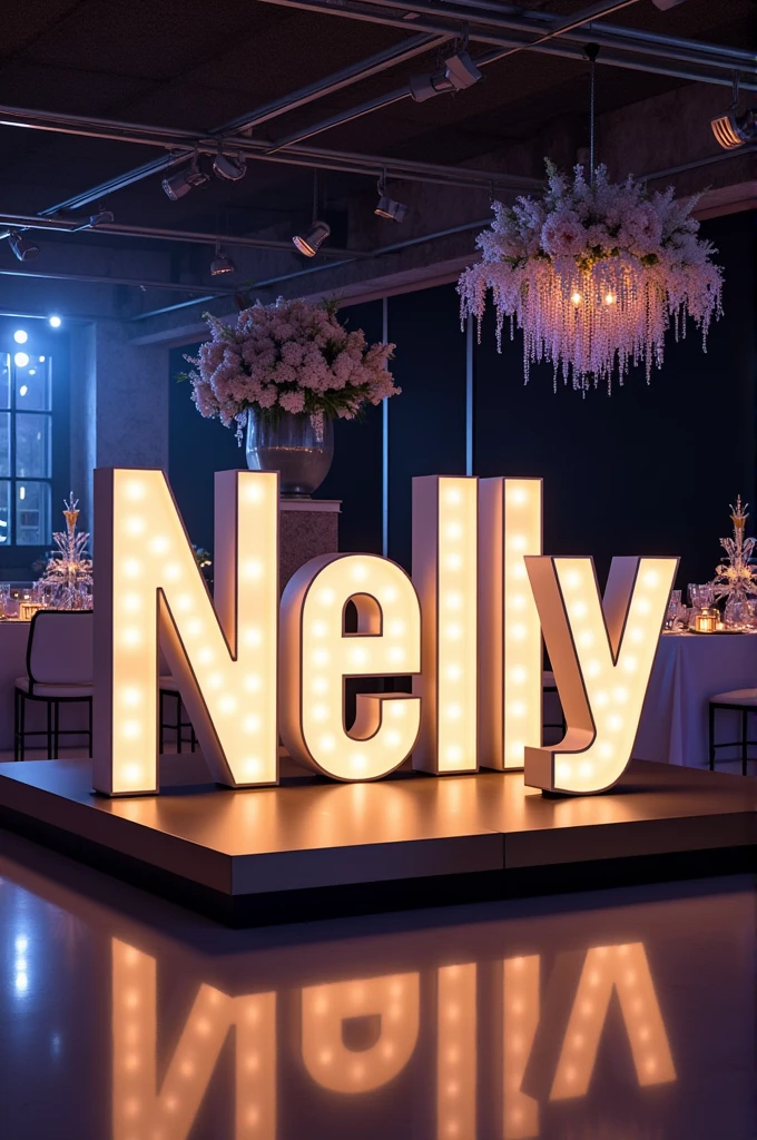 Event centerpiece with illuminated letters that say Nelly