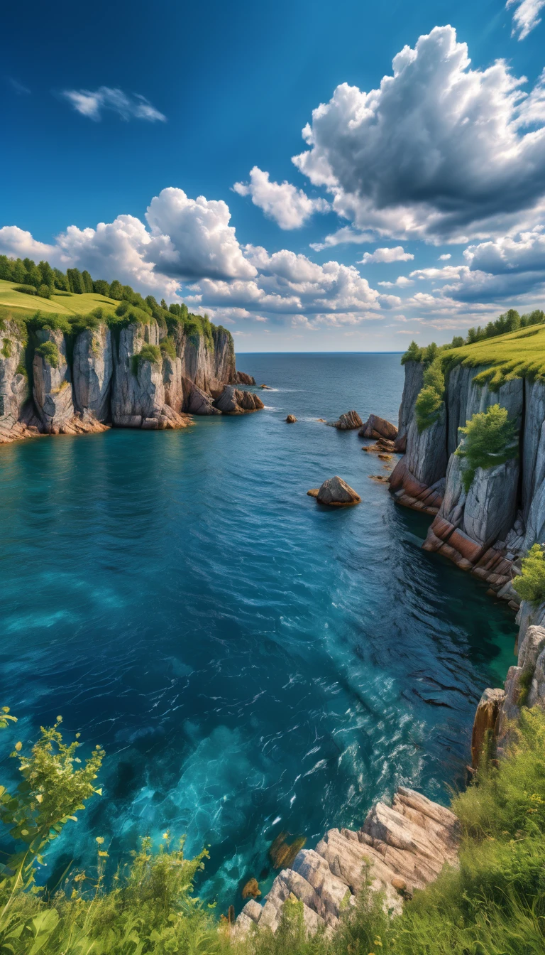 cliff, Summer weather, high quality, 8 K, blue sky with clouds, high detail. HDR10+, rich colors