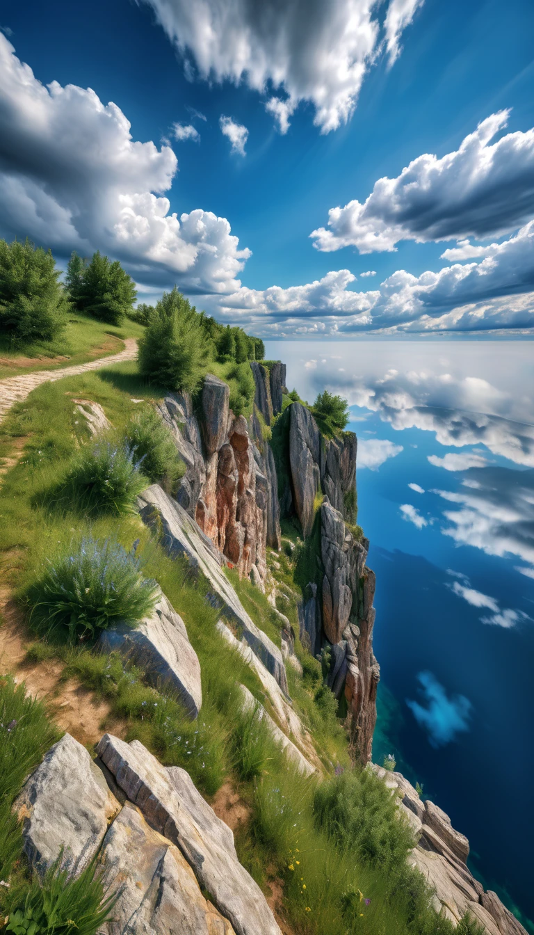 cliff, Summer weather, high quality, 8 K, blue sky with clouds, high detail. HDR10+, rich colors