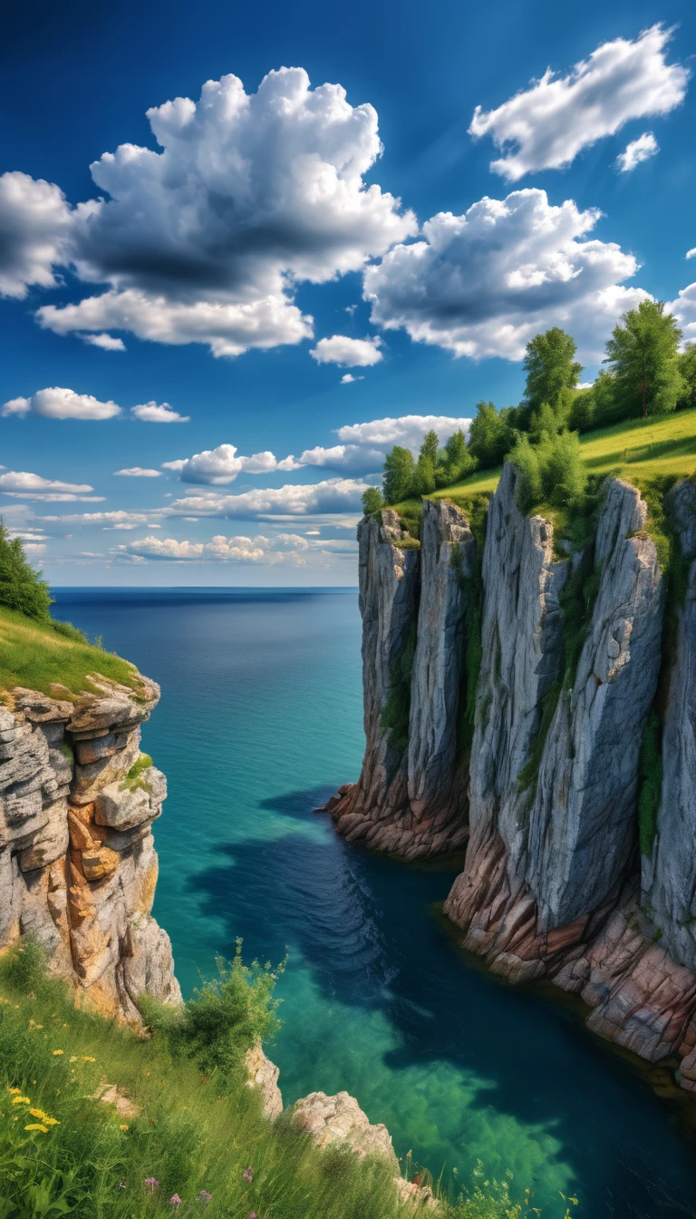 cliff, Summer weather, high quality, 8 K, blue sky with clouds, high detail. HDR10+, rich colors 