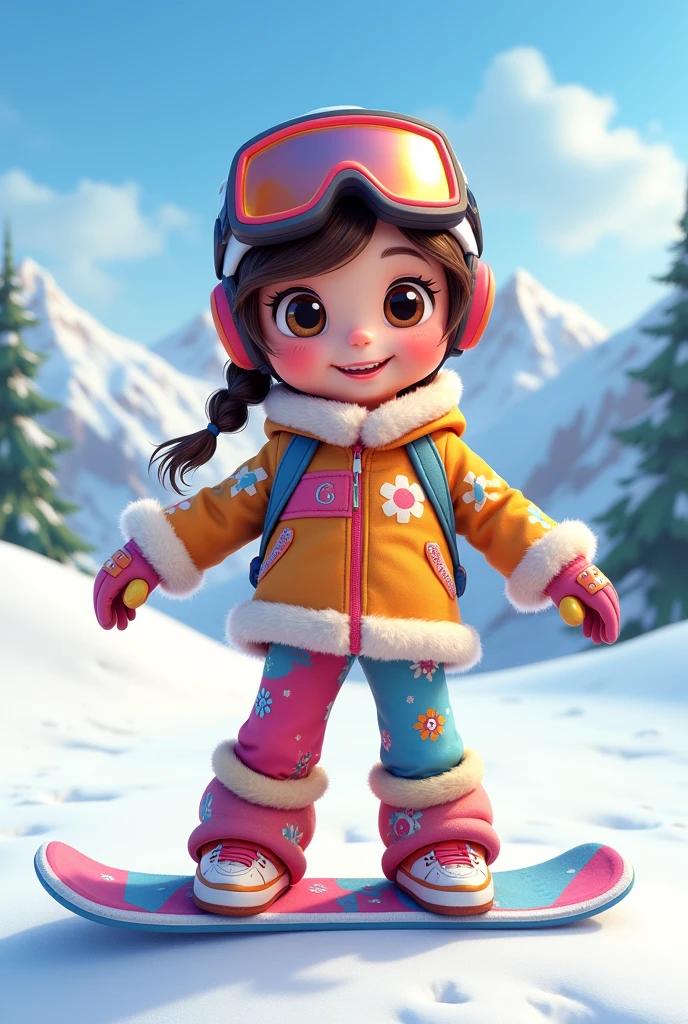 D Render of a cute cartoon girl with snowboarder costume