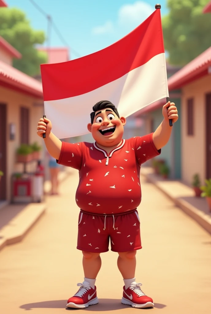 3D cartoon image , Smiling cheerfully, carrying the red and white flag, a handsome adult Indonesian man, 30 years old, with a stout and tall build., wearing long-sleeved loose sportswear with a red and white pattern for the Indonesian Independence Day, casual , , high resolution 4K; realistic, original photo