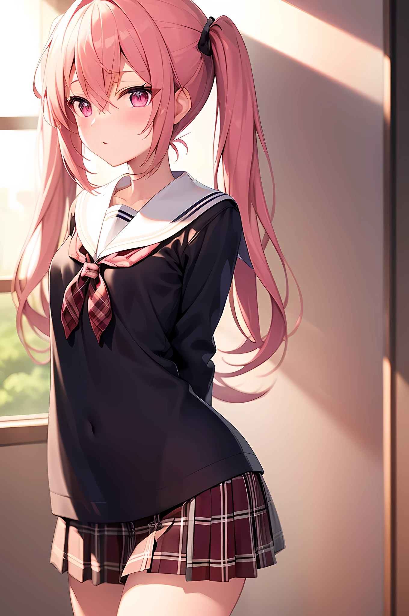 hair between eyes, twintails, sailor collar,
highly_detailed, extremely_detailed_CG_unity_8k_wallpaper, highres, absurdres, beautiful_detailed_eyes, finely_detailed_clothing, finely_detailed_light, highly_detail_hair_, Beautiful eyes,
colorful, light rays, caustics, aistics, lens flare, bokeh, nsfw, flat-chested, pink eyes, White silk stockings, JK Uniform Plaid Skirt, school uniform, Light pink mini skirt, blush,
score_anime, score_9, score_8_up, masterpiece, beautiful scenery, lovely,