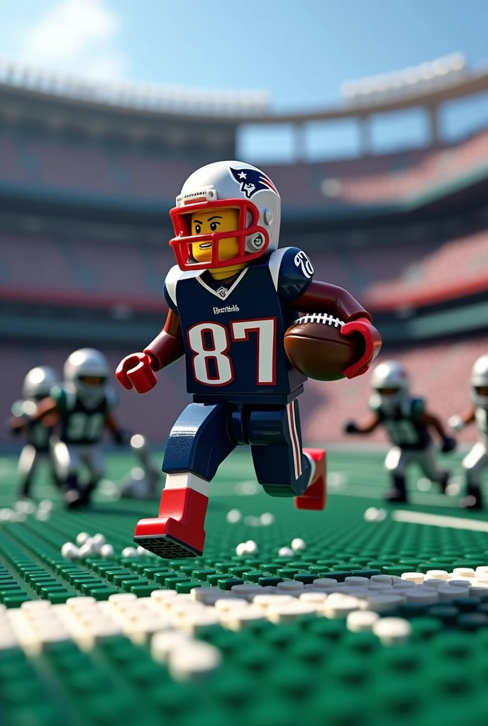 player #87 of the New England Patriots on the Gillette Stadium field formed by millions of LEGO pieces running with the oval and bulldozing and destroying 5 Philadelphia Eagles players to achieve a Touchdown