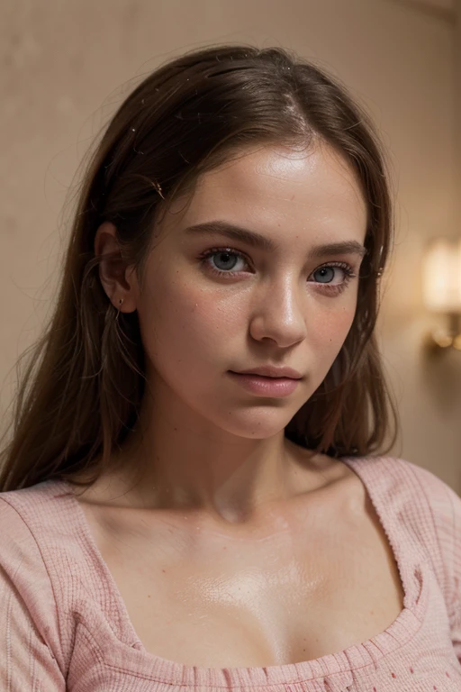 8 K, Best quality, masterpiece, ultra high resolution, (Realism: 1.4), Original photo, (realistic skin texture: 1.3), (granularity: 1.3), (Selfie angle), 1 girl, pink clothes, Sapphire eyes and beautiful facial details, masterpiece, Best quality, Close-up, upper body. Highest quality image quality. Pull-ups.