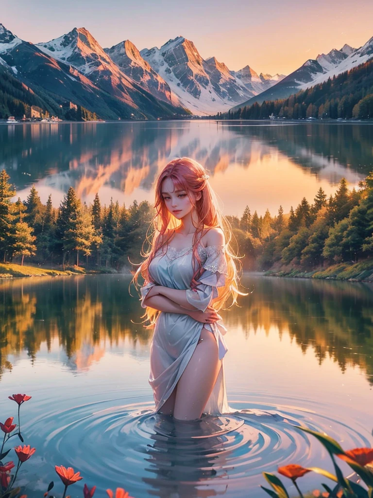 (A beautiful 25 years old female greek maiden bathing near a lake), (long red hair), (pale skin), (detailed oily and sweaty appearance), (serious face), (wearing white colored revealing and see-through wet greek maiden outfit), view from front, waist up shot, alluring pose, ambient lighting, photo realism, intricate face detail, intricate hand details, highly detailed, vibrant colors, cinematic, high definition, trending on Artstation--style raw