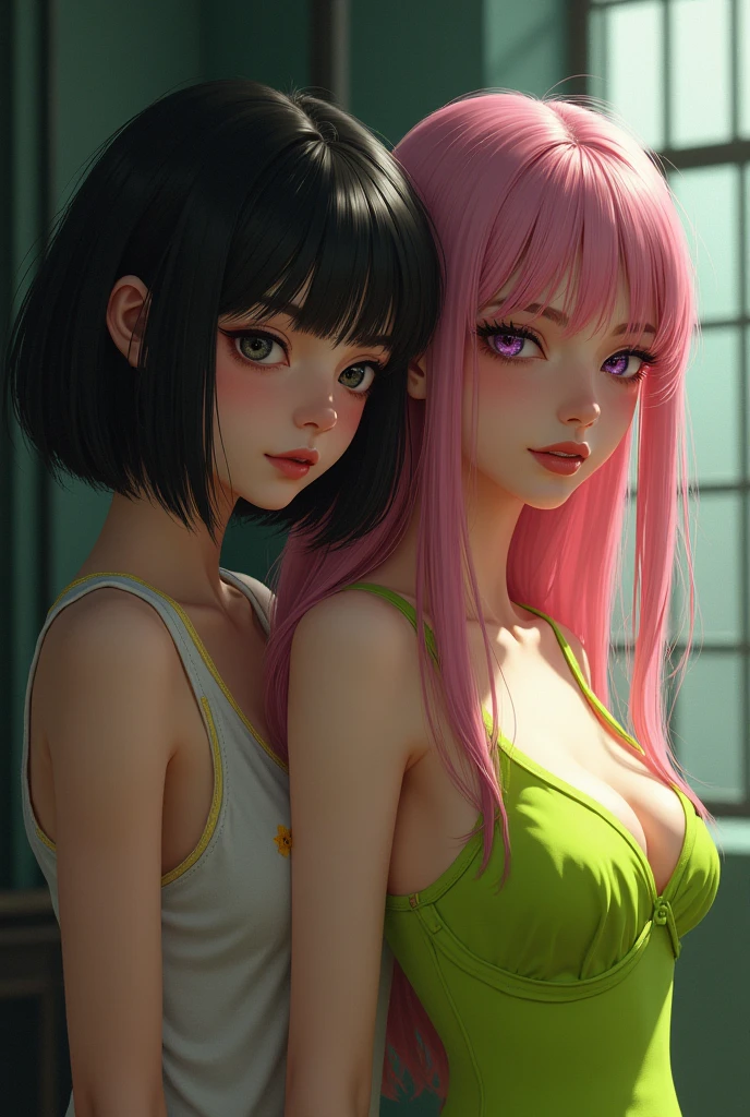 Give me a realistic image of two lesbian girls, one with short black hair that reaches her shoulders, A 21-year-old with slanted, tired eyes, round face, 1.54m, round nose, cheeks, slim. And the other, a queen of the underworld with very long, pink-blonde hair, of 19 a 23 años, of 1.50m, very feminine, Asian features but round, purple eyes, cute and seductive, lime green dress, with a seductive personality 