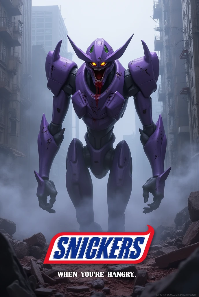 Evangellion, Purple Eva (battle damaged and bleeding blood running from open mouth) shambling out of a mysterious fog, ruins of Neo Tokyo 'You aren't you when your hangry' Written in clear letters across the bottom. 'SNICKERS" written clear across the top
