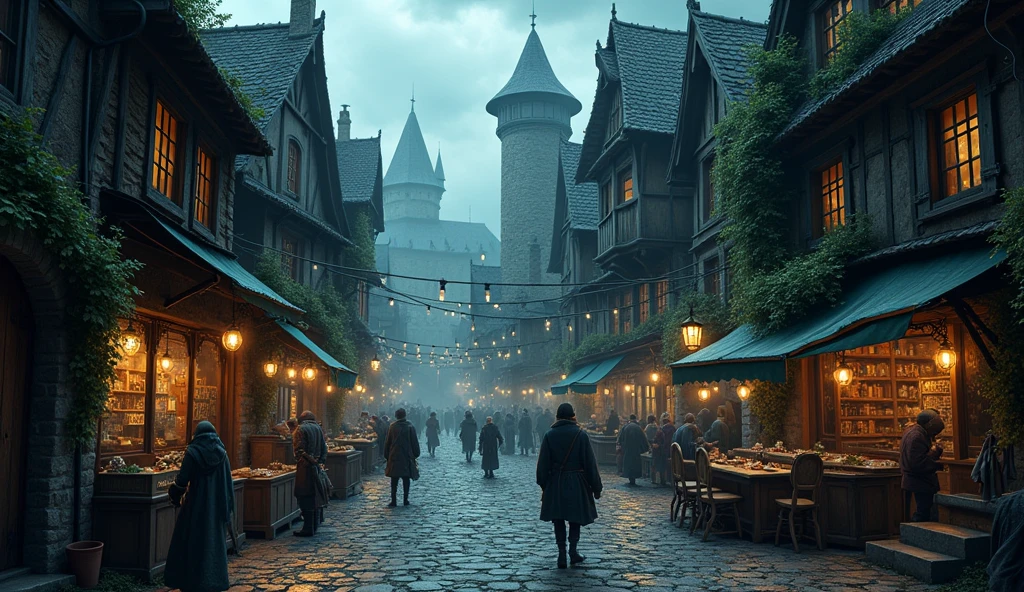illustration, fantasy world, Dark World, Adventurers and Villagers, downtown of medieval city, landscape. background with market, tavern, stone road. twilight, There are vines growing on the walls of the building