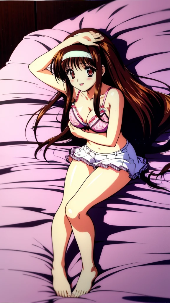 Yuuki Mizuho, One person, alone, Long Hair, hair band, Brown Hair, Red eyes, Open your mouth, blush, Lips parted, liar, On the bed, lie on one’s back, ((Cross own arms and hide own breasts)), From above, retro artstyle, White pants, (see-through bra:1.1), barefoot, Lack of shoes, No skirt, 1990s (style), expensive quality, very_expensive_solve, big_file size, Full Color,