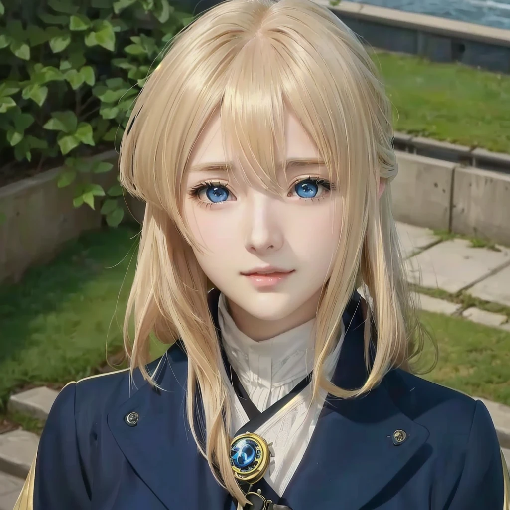 A person with blonde hair, blue eyes, wearing a blue jacket, Violet Evergarden, female , Young woman visual, , Anime portrait of Shiina Ringo,  An anime character named Lucy,  Cute anime visuals, Anime Best Girl