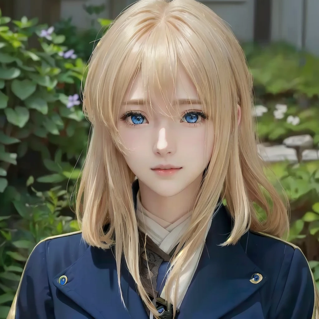 A person with blonde hair, blue eyes, wearing a blue jacket, Violet Evergarden, female , Young woman visual, , Anime portrait of Shiina Ringo,  An anime character named Lucy,  Cute anime visuals, Anime Best Girl