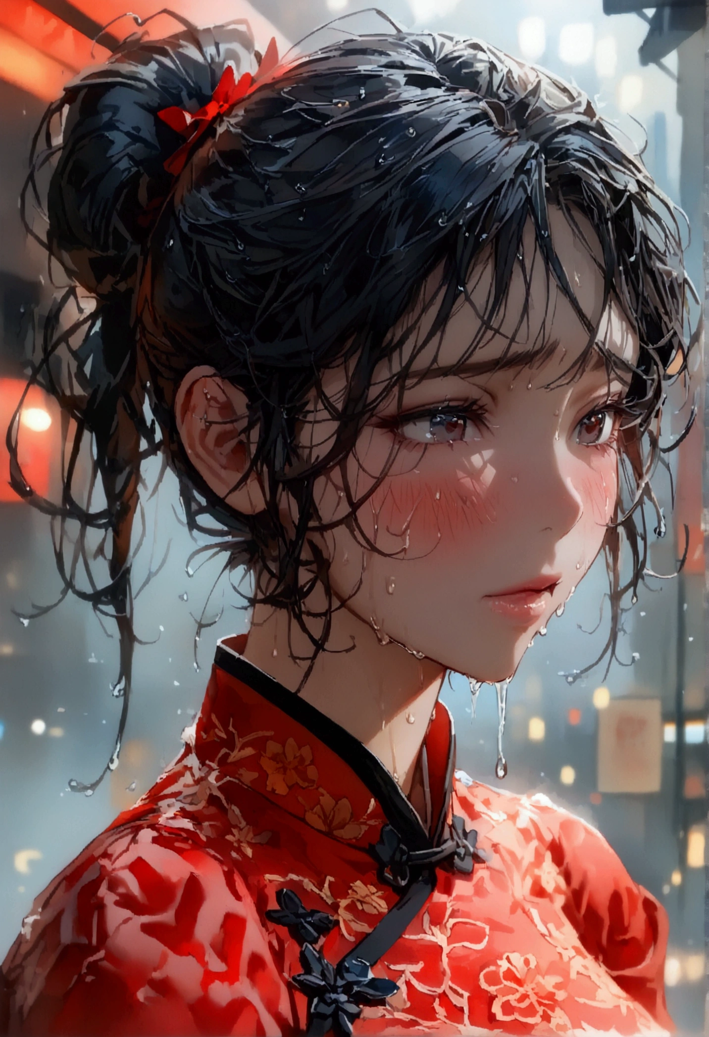 Double ponytail hair、Exquisite black cheongsam, Appears to be about 178, (beautiful girl: 1.3),best quality,8k,Highly detailed CG unit wallpaper,masterpiece:1.2,Top quality,Ultra-high resolution,RAW photos,Real texture skin,Cinema Lighting,Awkward,blush, steam,wet,Sweat,Wet eyes,Weak,megabuildings,City,This girl is a delivery girl delivering Chinese food to customers.,,烹饪产生的蒸steam,,,Large target, round, Beautifully shaped buttocks,,((Buttock posture)),