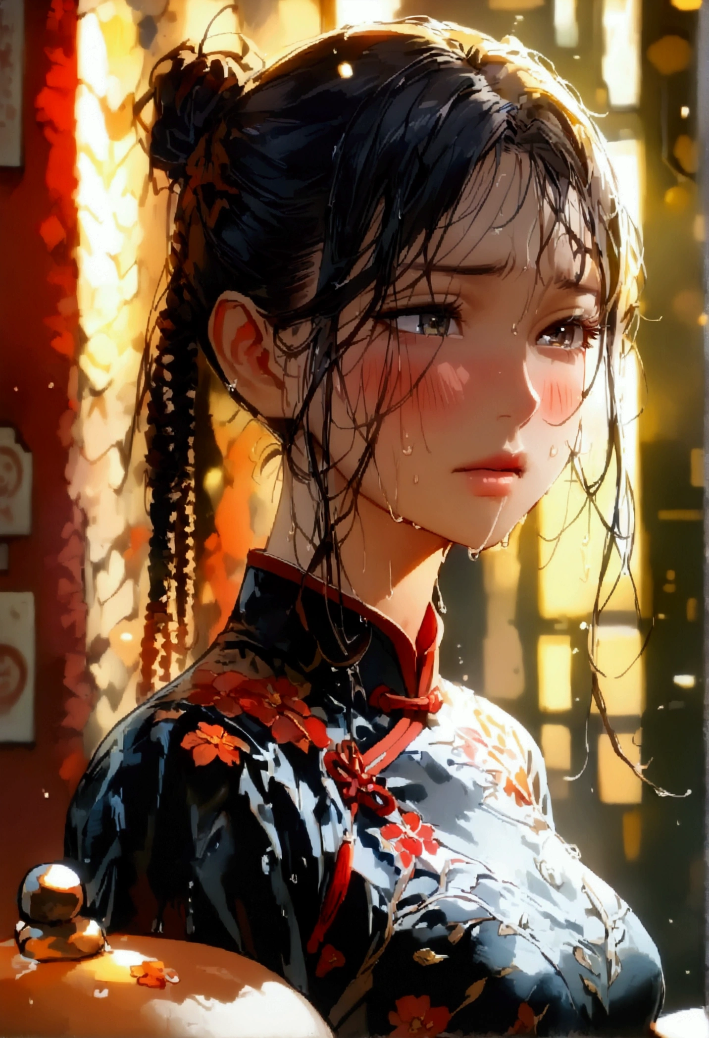 Double ponytail hair、Exquisite black cheongsam, Appears to be about 178, (beautiful girl: 1.3),best quality,8k,Highly detailed CG unit wallpaper,masterpiece:1.2,Top quality,Ultra-high resolution,RAW photos,Real texture skin,Cinema Lighting,Awkward,blush, steam,wet,Sweat,Wet eyes,Weak,megabuildings,City,This girl is a delivery girl delivering Chinese food to customers.,,烹饪产生的蒸steam,,,Large target, round, Beautifully shaped buttocks,,((Buttock posture)),