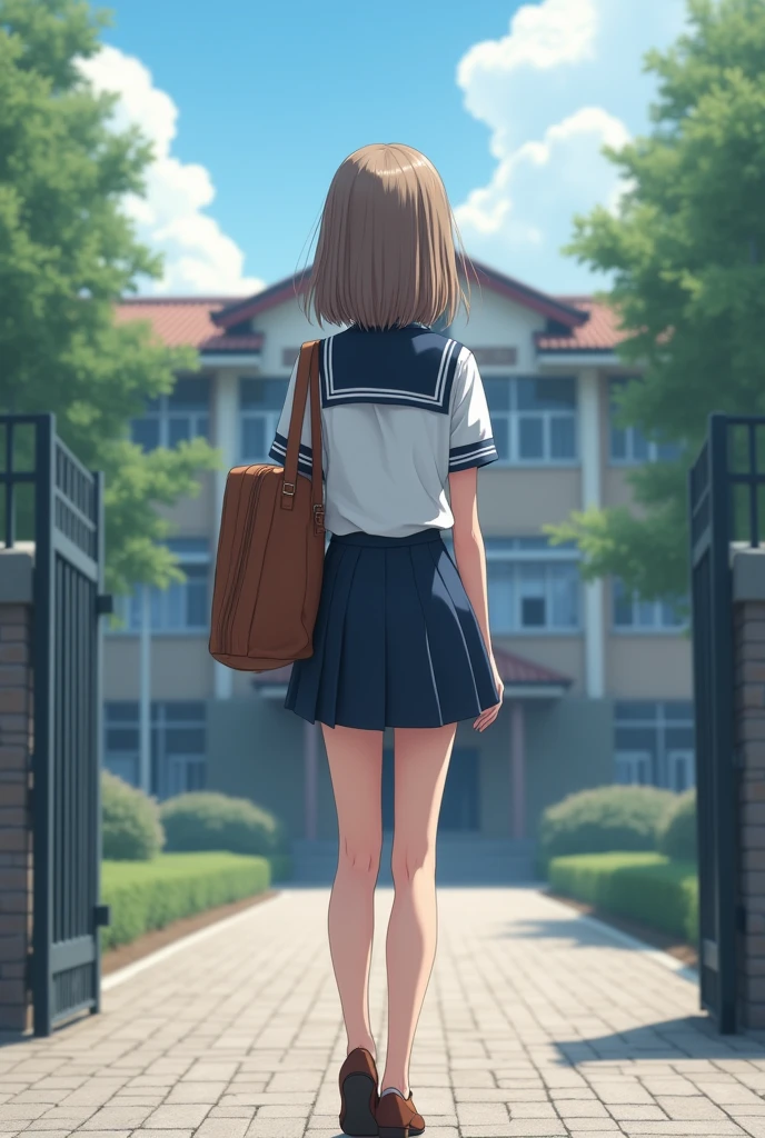 From behind view, looking at viewer, Full body , standing pose, Japanese JK Girl , (-old),(Diled face, Beautiful brown Eyes, Light brown straight middle hair, fringe, small lips little smile), (C cup breasts, Slender Hoist, middle Hip) ,(High school uniform, cute Sailor suit , Navy blue gather middle skirt, summer style), brown leather shoes, brown school bag, front school gate , background high-school building, (masterpiece, highest quality, High resolution, Photo realistic, sharp, RAW Photos, 8k wallpaper, perfection, Professional Lighting, Very detailed),