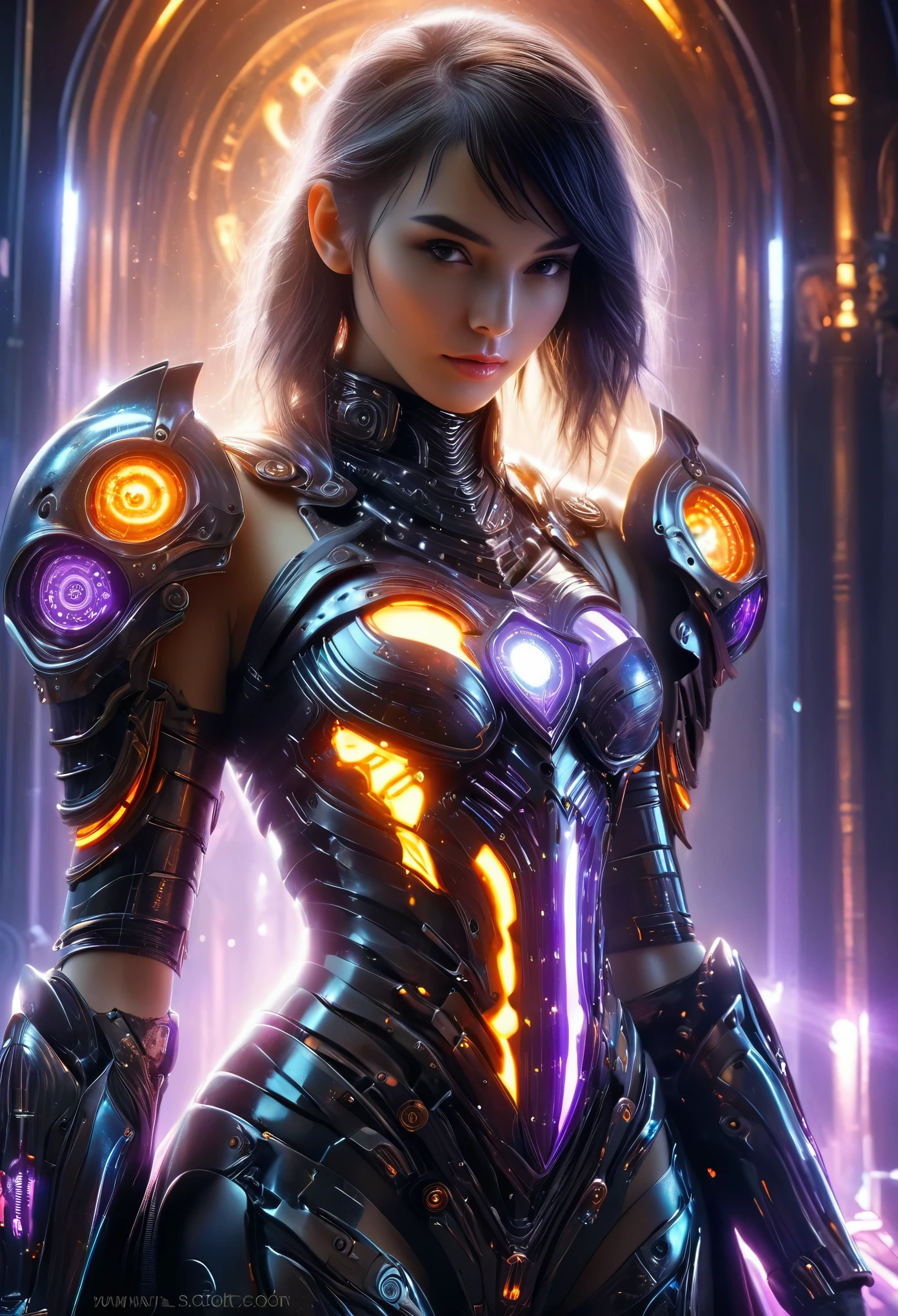 (Best Quality, 4K, 8K, High Resolution, Masterpiece: 1.2), (Super Detailed, Realistic, Photorealistic:1.37), A woman in futuristic clothing, (erotic and sexy:1.4), Trending on cgstation, Trending on cgstation, (Portrait of a girl in the Knights of the Zodiac:1.4), (blunt bangs:1.7), Cute Cyborg Girl, Perfect android girl, Portrait Astronaut Girl, Beautiful girl cyborg, Girl wearing iridescent black and orange and purple and white mechanical cyber armor, Game CG, cgsociety and fenghua zhong, Beautiful Cyborg Shrine Maiden, Bioluminescence, (Gal Gadot:0.6), Anatomically correct grip, Anatomically correct four fingers and one thumb, (long claws:1.4), erotic and sexy, A gorgeous cape with beautifully detailed embroidery, energy ball