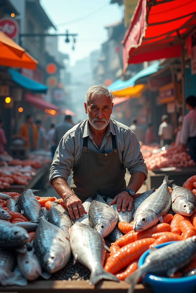A man with fish in huge market