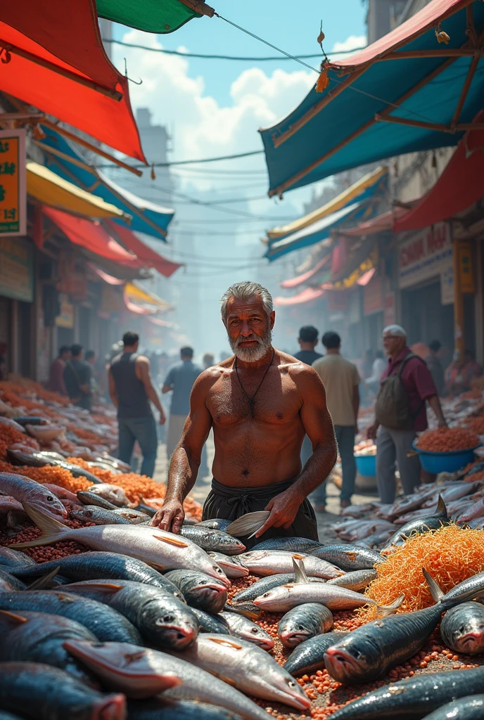 A man with fish in huge market