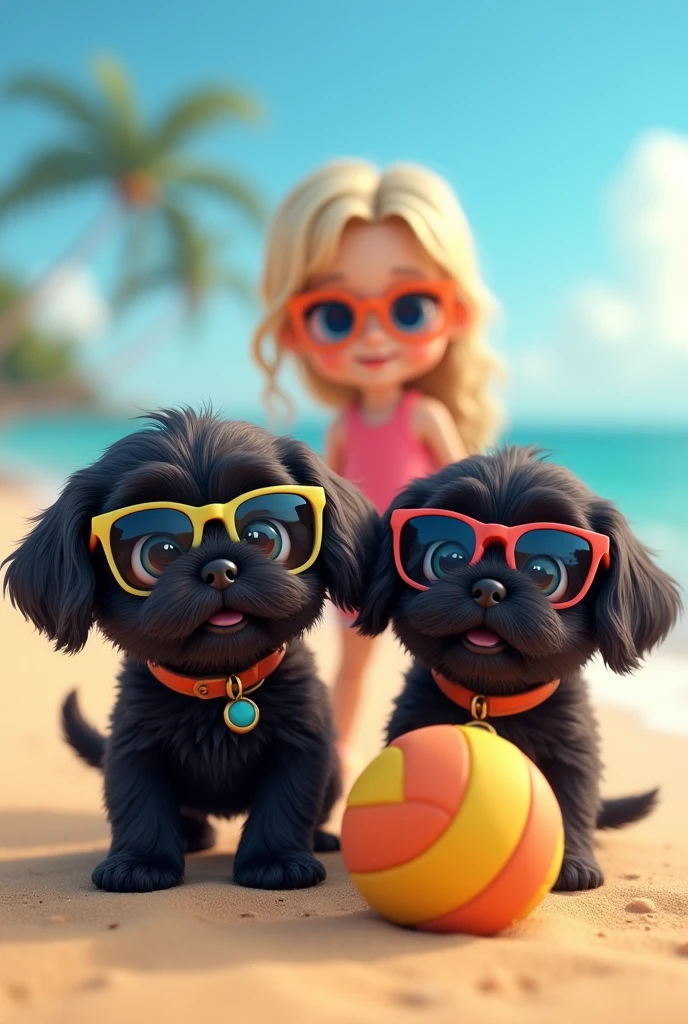 cute adorable 2 black shih tzu puppies with big blue eyes wearing sunglasses, cute blonde girl, extremely detailed, big blue eyes, wearing colorful collar and sunglasses, playing beach volleyball, 3D Pixar style, at beach, photorealistic, (best quality,8k,highres,masterpiece:1.2),ultra-detailed,(realistic:1.37),HDR,vivid colors,studio lighting