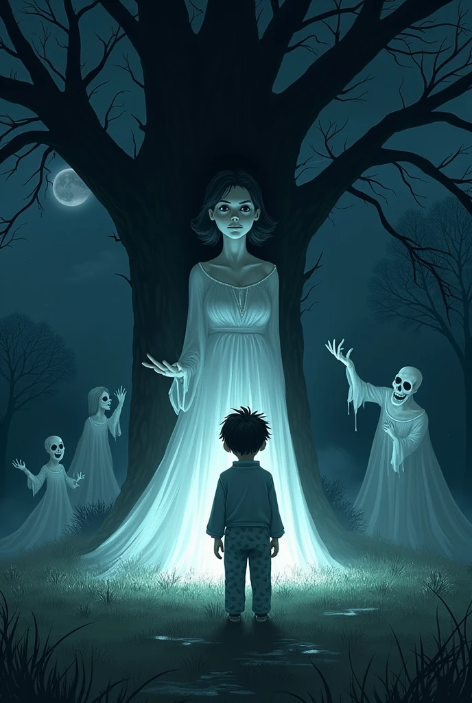a cold, dark night under a clear sky. Tommy, an -year-boy iajamas, stands frozen in fear on the lawn, just a few feet from an old oak tree. His mother, or what appears to be her, stands under the tree, her white dress flowing eerily in a wind that isn’t there. Her eyes are hollow, her smile unnaturally wide, and her outstretched hand is cold and ghostly.
Around them, emerging from the shadows of the tree, are ghostly figures—pale, twisted, and contorted in various expressions of pain. Their skeletal hands reach out for Tommy, their forms barely distinguishable from the darkness, creating an overwhelming sense of terror and doom.
The scene is bathed in pale moonlight, with deep, chilling shadows creating an unsettling contrast between the brightness of the moon and the dark figures that surround the boy. The oak tree looms ominously in the background, its branches twisted like the figures beneath it.