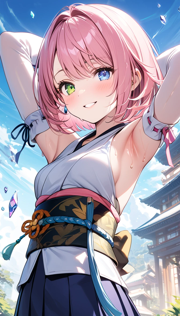 (1 girl),(Best Picture Quality, 8K, Masterpiece:1.3), (high school student:1.5), ((pink lob hair:1.1)), (bob cut),(swept bangs), (cute eyes, pupil black, iris skyblue, youthful face), (mole under right eye), (standard weight), (small breasts), (glistening skin:1.3),(pale skin:1.2),(sweaty skin:1.2),(Smile),BREAK YunaX, heterochromia, detached sleeves, japanese clothes, sash, obi, hakama skirt, purple hakama,BREAK ((showing armpits)),(crystal trees),