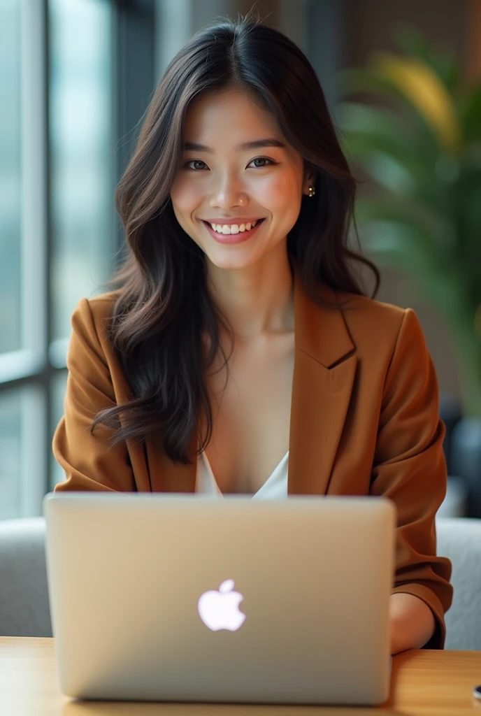 Create an image of an 18-year-old Asian businesswoman standing and working on a MacBook. She is smiling with a cute and charming face. The image is full-body, with a slightly revealing outfit, showcasing a youthful and modern appearance.