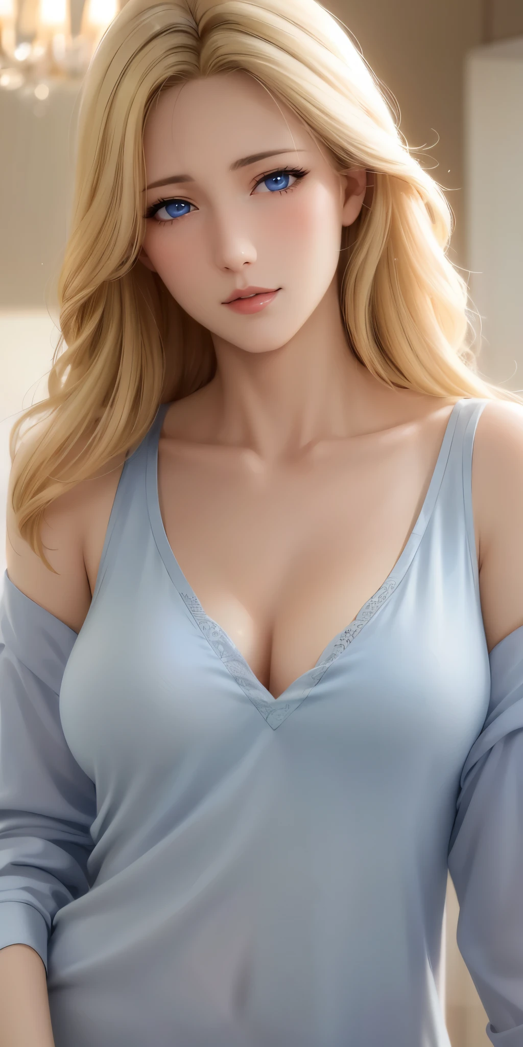 Elegant adult female, blonde hair, blue eyes, soft light, high quality, high detailed, 4k resolution, beautiful cg