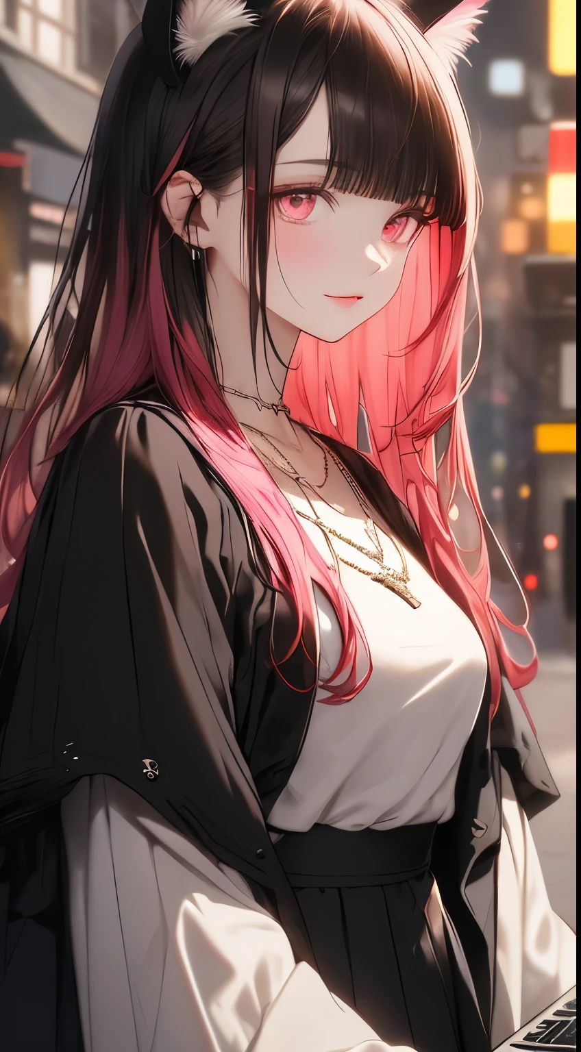 beautiful woman,Delicate facial features,long pink hair,pink cat ears,Pink eyes,White top with sleeves,necklace, black skirt,sakura,to HD,very detailed,high quality,Good atmosphere,gastronome,computer graphics,Detailed rendering,(Thin facial features)(Image of fine hair)(top quality)(Masterpieces of masters)(High degree of completeness)(A sense of atmosphere)