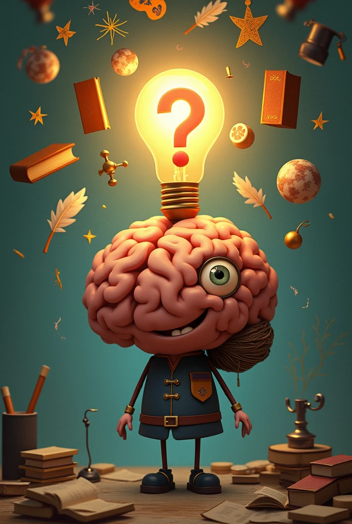 Lamp-shaped brain with a light bulb and question mark, and above it things related to knowledge, apprenticeship