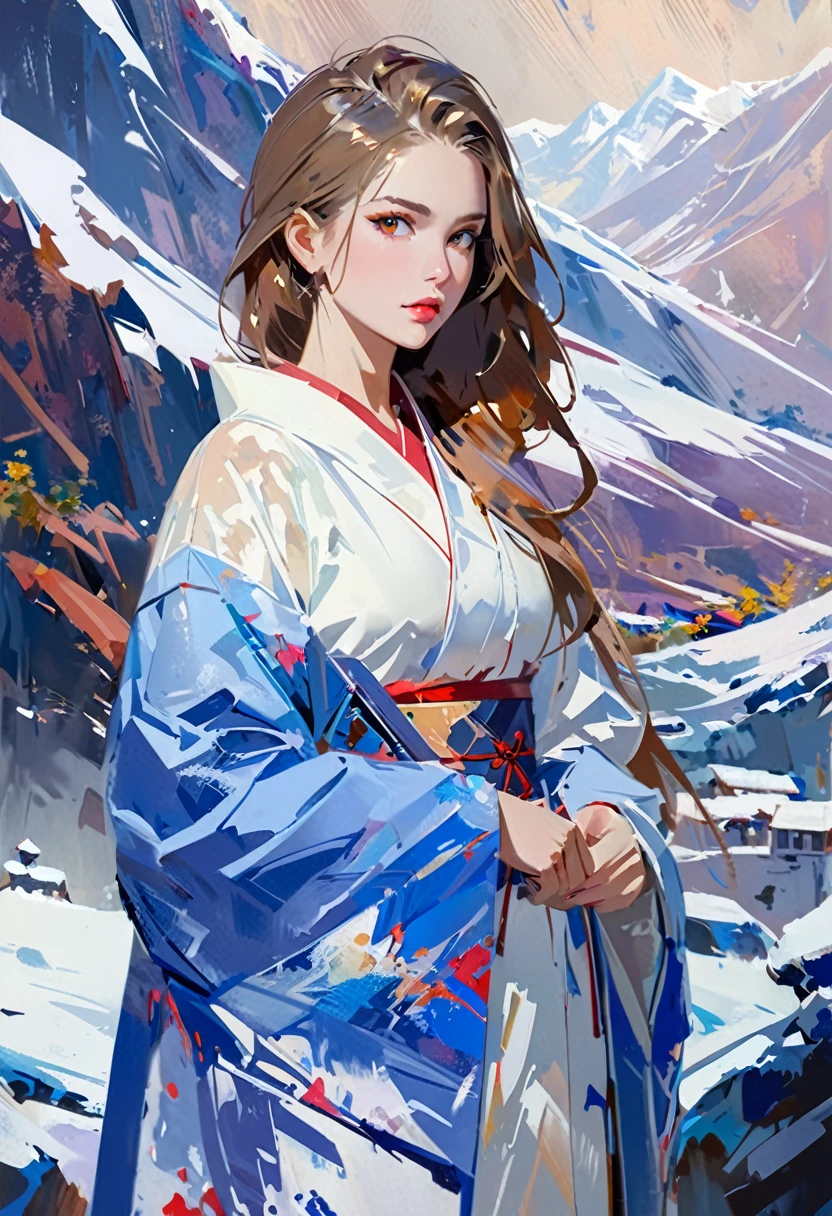 in snow mountains, The weather in the mountains is a blizzard、Painting of a female monster with long hair、Wearing a white kimono、Painting of a female monster with a blue face、A painting of a female demon directing your path、darkness、wind and snow、dark sky, Low light、snow、A beautiful female demon appears in the snowstorm and kills people who get lost.、Black mountain range background、Night mountain background、intricate and intense Oil paints, Abstract Painting, intricate Oil paintsing artwork, Vadim Kashin、Realistic, gives the viewer a detailed impact, a portrait painted with oil paint, , intricate and wet Oil paints, Oil paints, New art beyond dimensions, ryan hewett、bichu、oil paintin、A three-dimensional painting、super masterpiece、Ultra high definition、vivid colors、